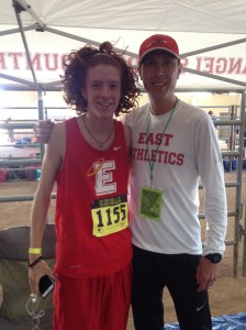 Sophomore Harrison Scudamore and Coach Kohuth before boys 5A race